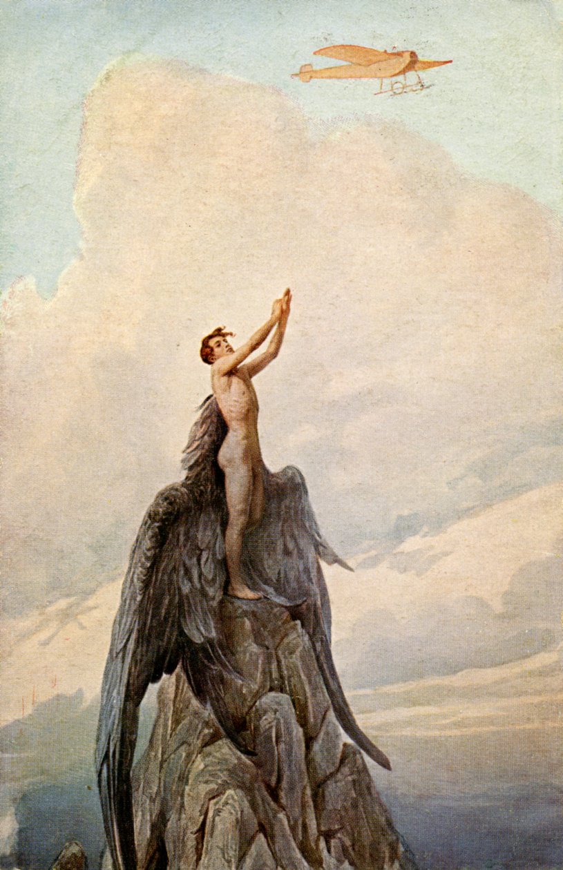 Transportere. Luftfart. Drømmen om Ikaros. Icarus og flyvemaskine. Illustration af J. Solomko, Ungarn, ca. 1916. (postkort) af Sergei Sergeevich Solomko