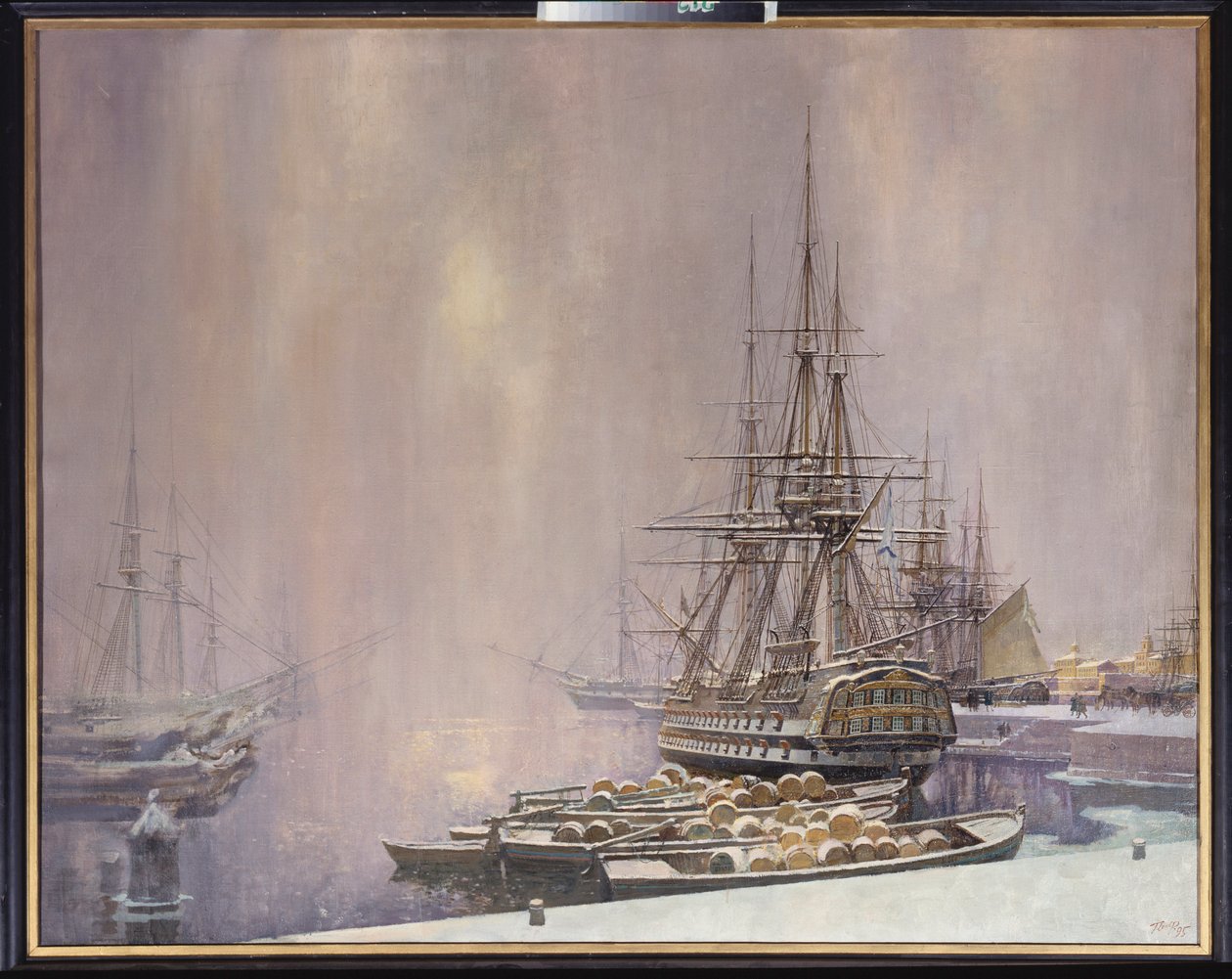 Kronstadt om vinteren (Havnen ved Østersøen i Peter den Stores tid (1672-1725) - Kronstadt om vinteren - Maleri af Sergei Varlenovich Pen (født i 1952), olie på lærred af Sergei Varlenovich Pen