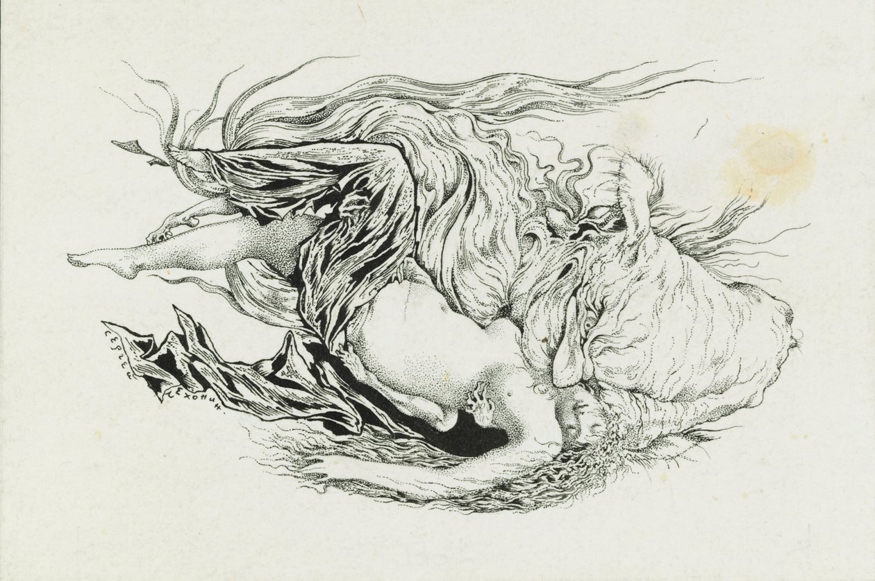 Chernomor og Lyudmila. Illustration til digtet Ruslan og Lyudmila af A. Pushkin, 1921-1926. af Sergei Vasilevich Chekhonin