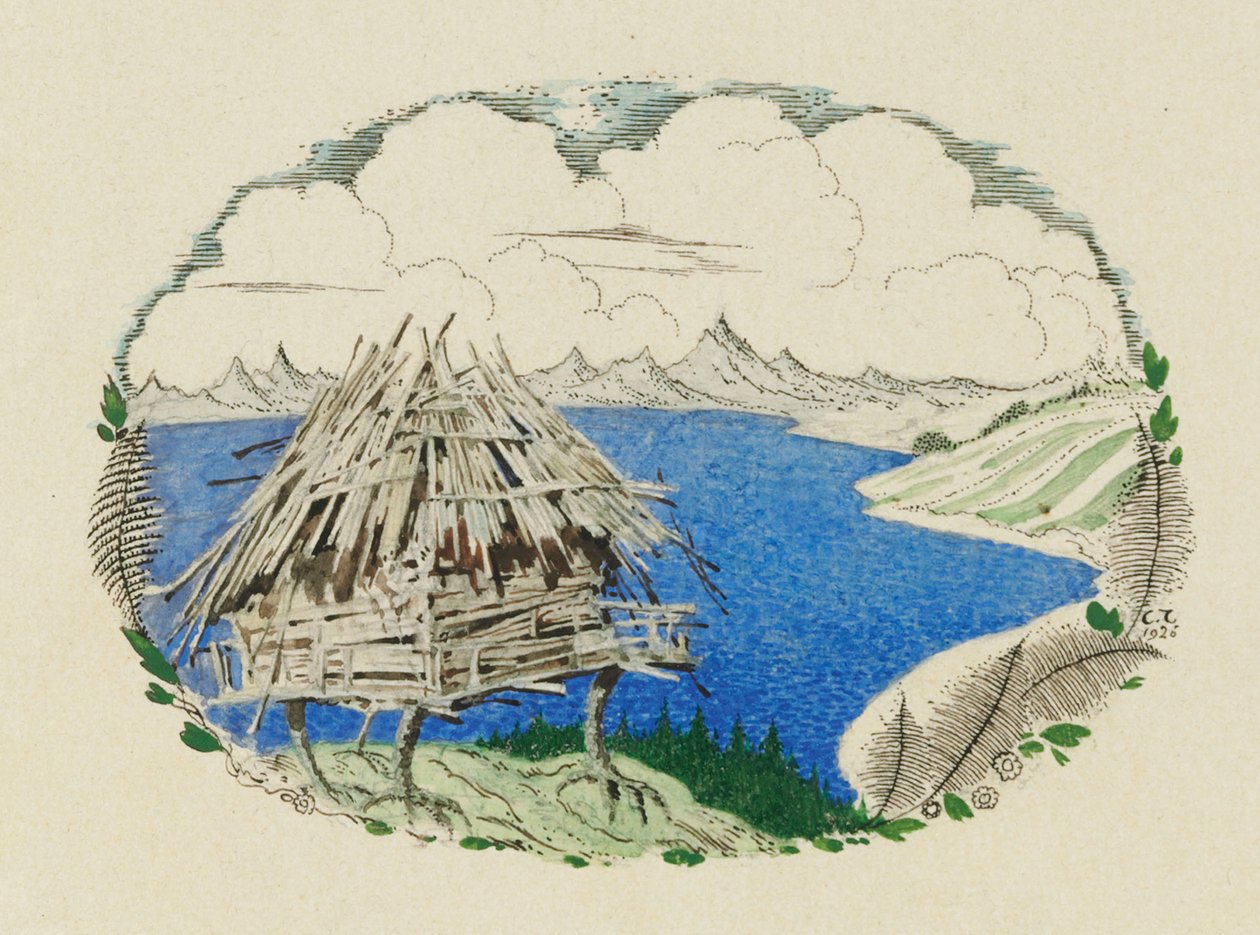 Hytten på kyllingelår. Illustration til digtet Ruslan og Lyudmila af A. Pushkin, 1921-1926. af Sergei Vasilevich Chekhonin