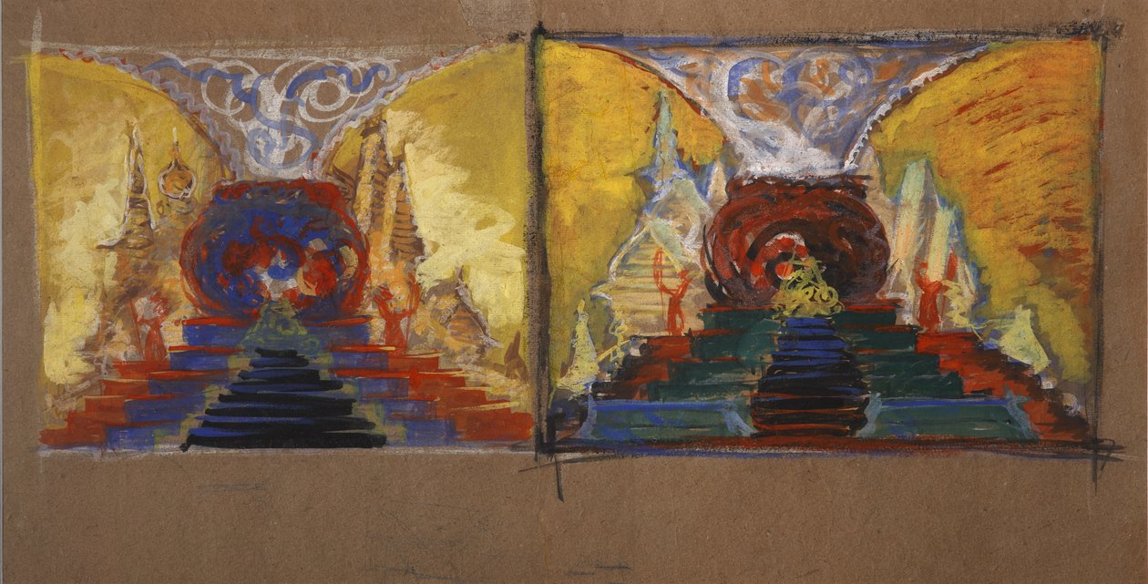 Scenedesign til operaen Den Gyldne Hane af N. Rimsky-Korsakov af Sergei Vasilievich Malyutin