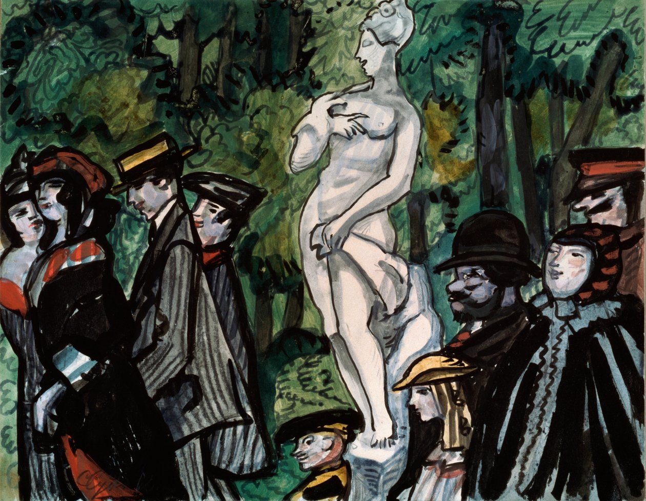 I sommerhaven. (Familier i deres søndagsbedste på en tur rundt om en statue i Sankt Petersborg). Værk af Sergei Yurievich Sudeykin (Serge Soudeikine) (1882-1946), blyant, gouache og blæk på papir. russisk kunst af Sergei Yurevich Sudeikin
