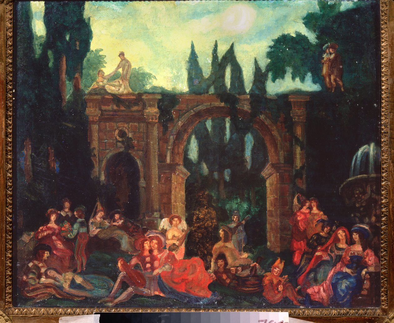 Forberedende indretning til skuespillet ""Le Decameron"" af Giovanni Boccaccio (Jean Boccace af Sergei Yurevich Sudeikin