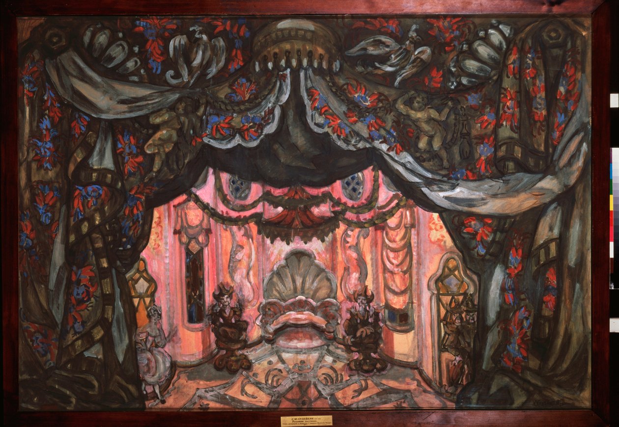 Forberedende indretning til stykket ""Figaros bryllup"" af Pierre Augustin (Pierre-Augustin) Caron de Beaumarchais (1732-1799). Værk af Sergei Yurievich Sudeykin (Serge Soudeikine) (1882-1946), gouache og tempera på pap af Sergei Yurevich Sudeikin