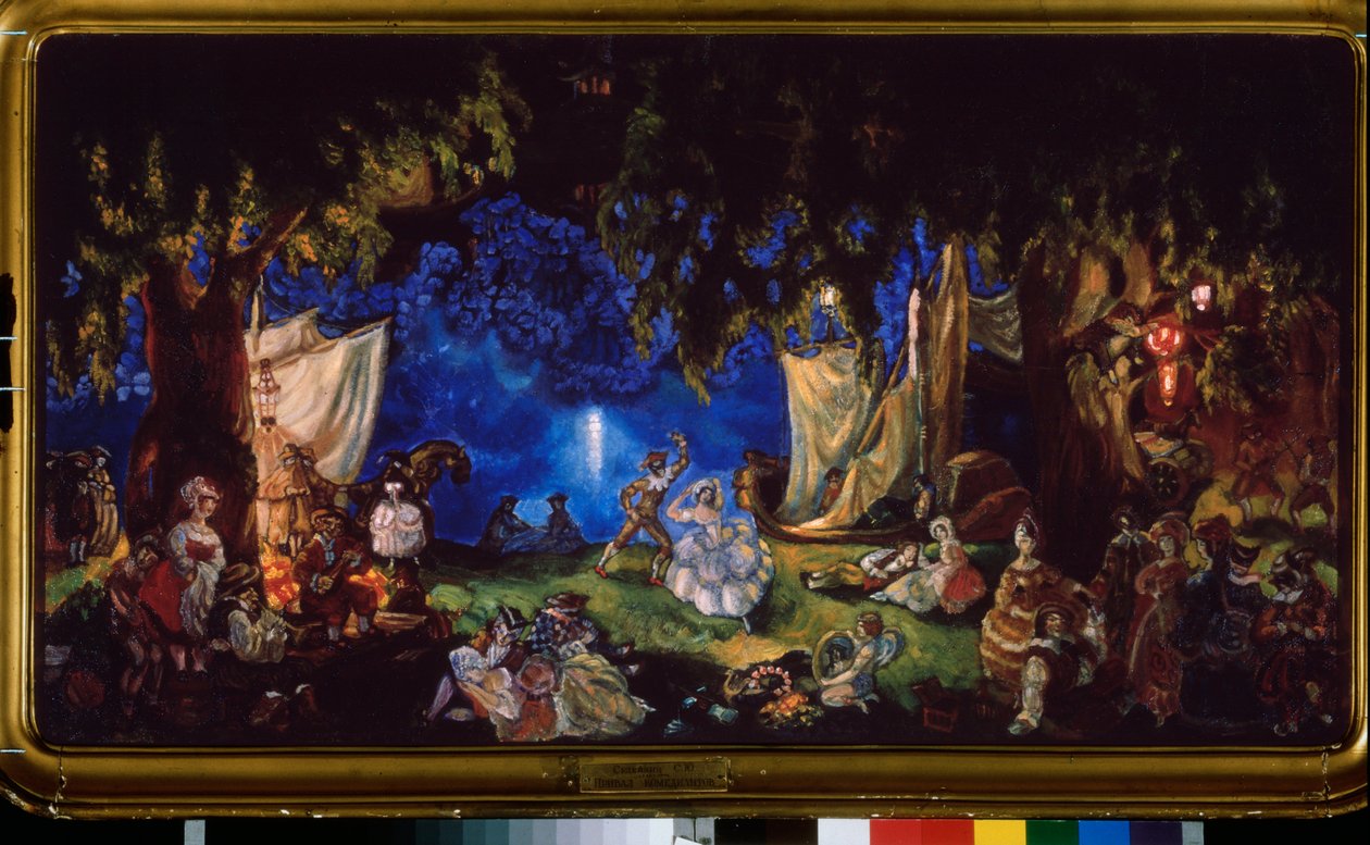 Resten af ​​skuespillerne. (En omrejsende teatertrup, hvis medlemmer danser, spiller musik eller slapper af i en skovlysning ved månens lys). Maleri af Sergei Yurievich Sudeykin (Serge Soudeikine) (1882-1946), olie på lærred af Sergei Yurevich Sudeikin
