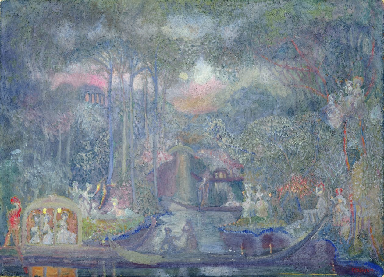Marquise walking to the love isle (olie på lærred) af Sergei Yurevich Sudeikin