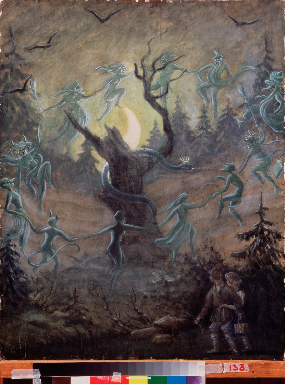 Night on the Eve of Ivan Kupala (russisk folklore-ækvivalent til Johannesdag, midt på sommeren) - Maleri af Sergei Yurievich Sudeykin (Serge Soudeikine) (1882-1946), tempera på træ, russisk kunst, f. af Sergei Yurevich Sudeikin