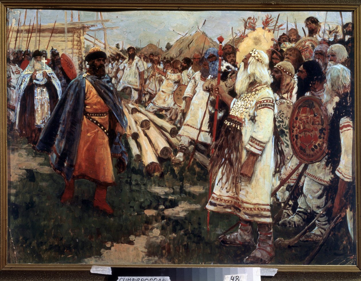 ""Kristendom og hedendom"" Kristning af Ukraine - Allegori af de to religioner ansigt til ansigt - Maleri af Sergei Ivanov (1864-1910) 1909 Regional Art Museum, Simferopol af Sergej Vasilevic Ivanov