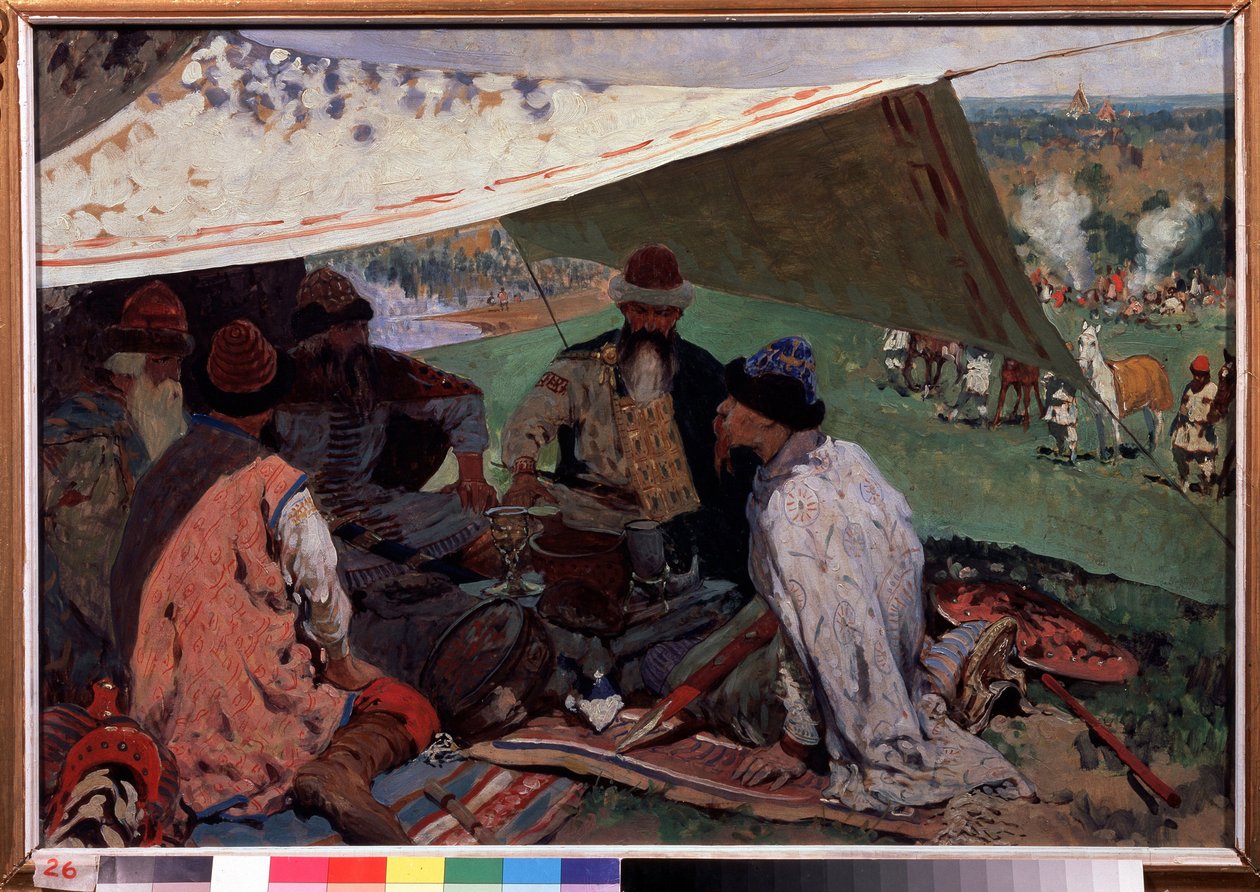 Konvention af russiske Prinser. Møde mellem prinser fra Riourikid-dynastiet under et telt i middelalderen. Maleri af Sergei Vasilyvich Ivanov (1864-1910), olie på lærred af Sergej Vasilevic Ivanov