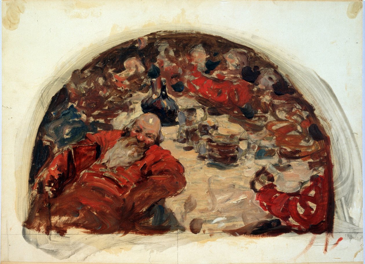 Trængslernes Tid. Periode af russisk historie fra 1598 til 1613, drikkescene af mænd klædt i røde jakkesæt. Værk af Sergei Vasilyevich Ivanov (1864-1910), olie på pap af Sergej Vasilevic Ivanov