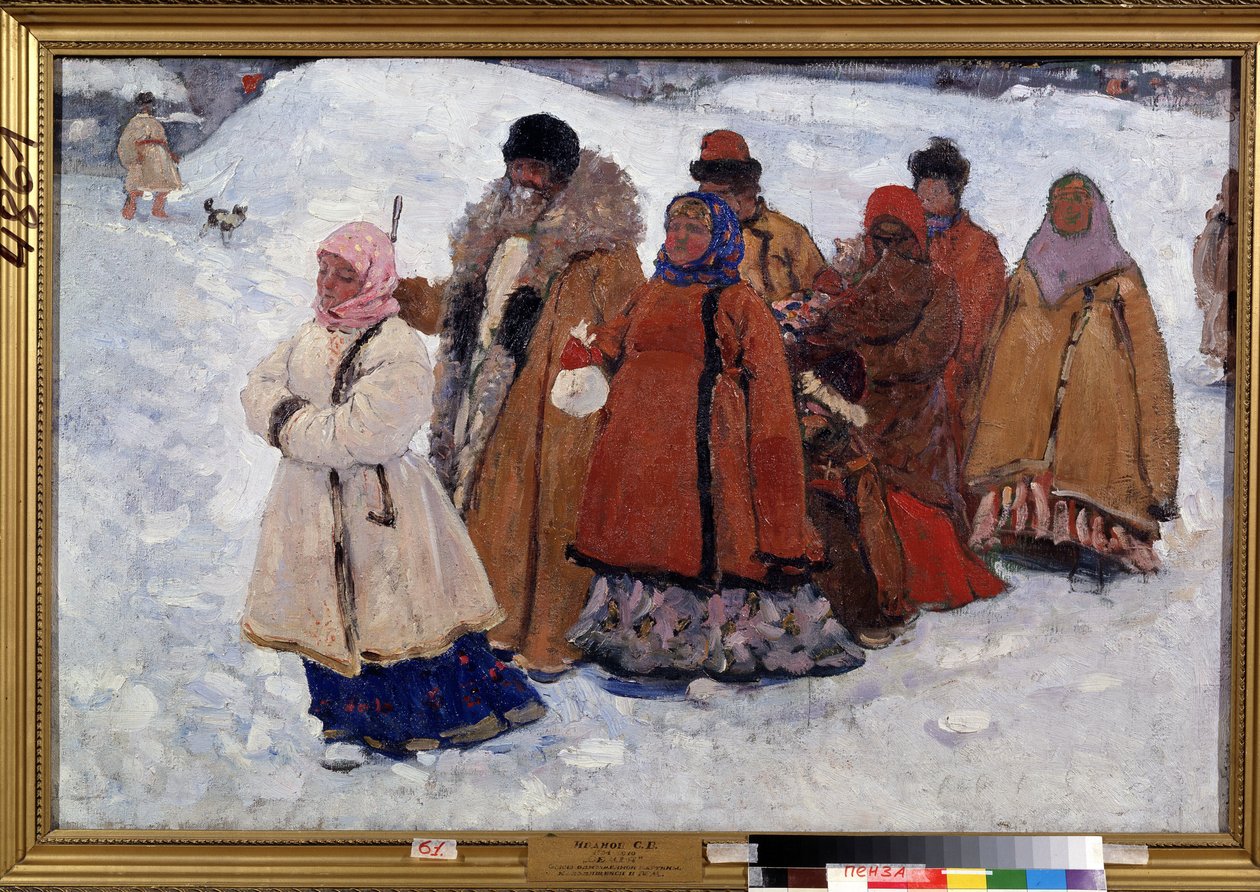 En familie. En russisk familie går i frakker i sneen. Maleri af Sergei Vasilyevich Ivanov (1864-1910), olie på lærred af Sergej Vasilevic Ivanov