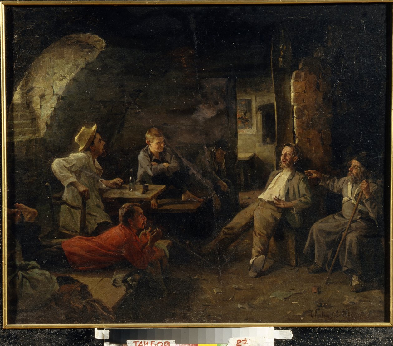 Natteasylet (Dosshouse). Samtale mellem beboerne på refugiet. Maleri af Sergey Ivanovich Krivolutsky (1869-1922), olie på lærred af Sergey Ivanovich Krivolutsky