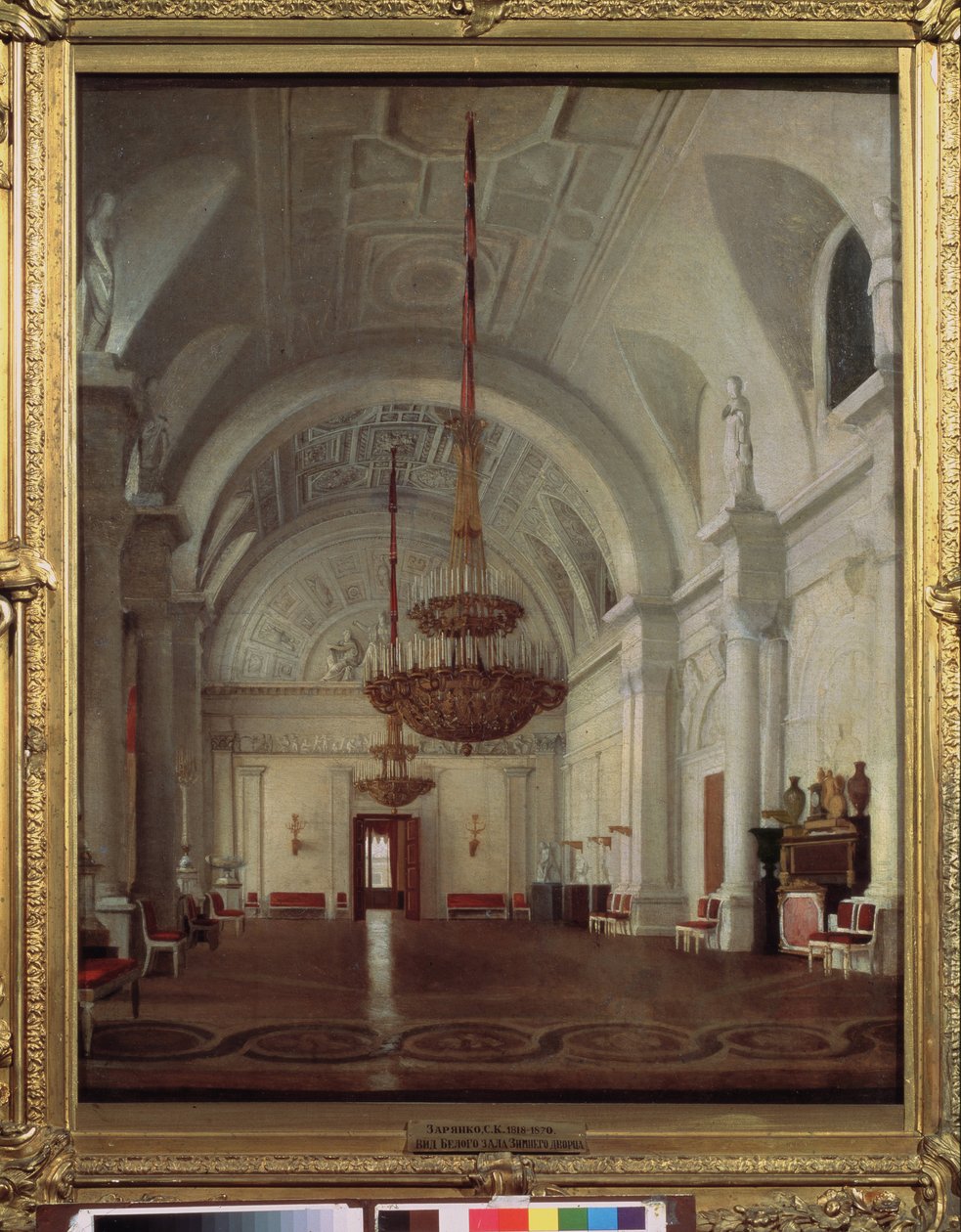 Udsigt over Vinterpaladsets hvide sal i Sankt Petersborg. Maleri af Sergey (Sergei, Sergei) Konstantinovich Zaryanko (Zarianko) (1818-1870), olie på lærred. russisk kunst af Sergey Konstantinovich Zaryanko