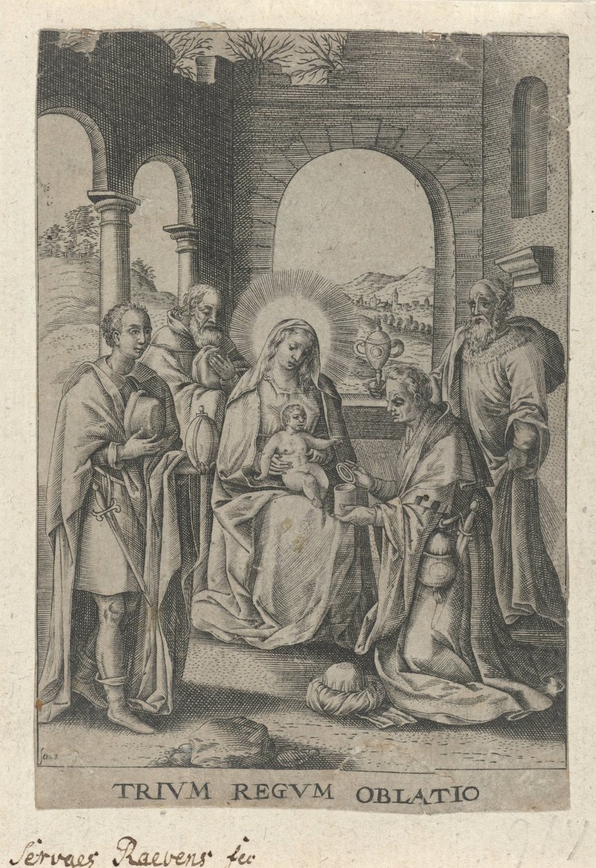 Aanbidding der Koningen The Offer of the Three Kings (titel på objekt) af Servatius Raeven
