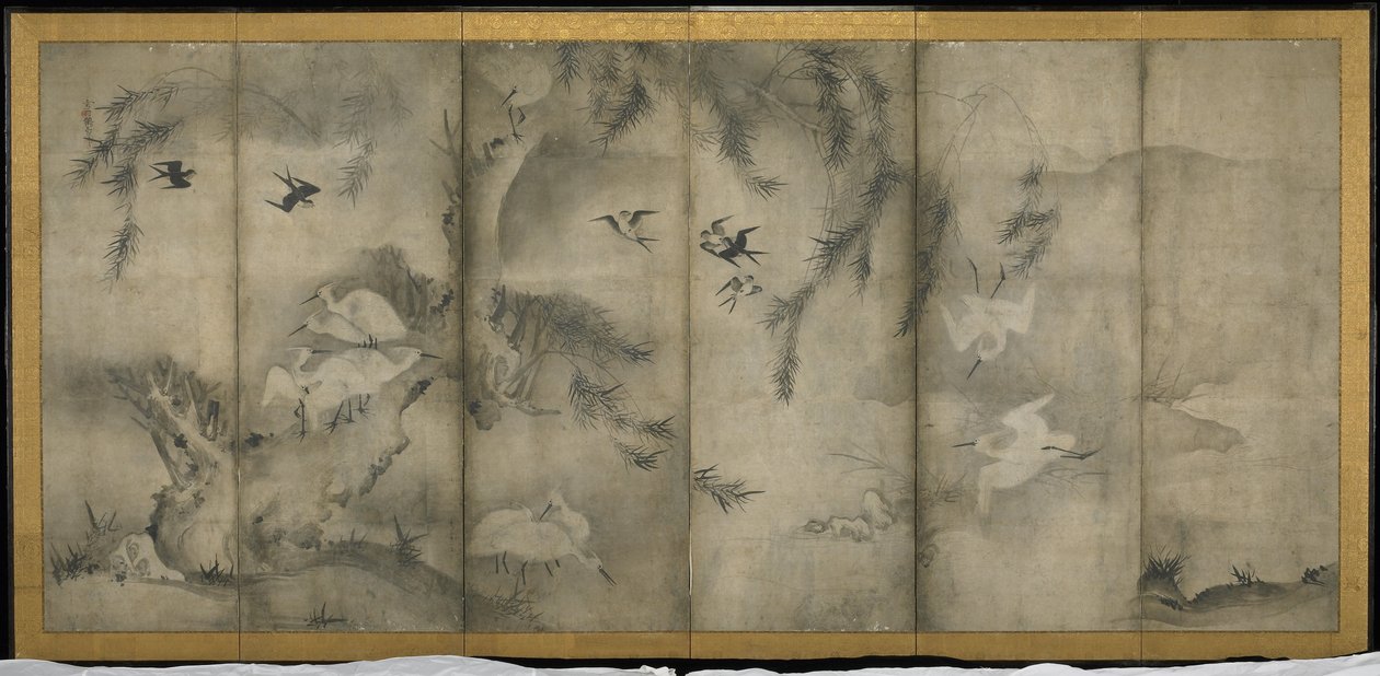 Willow, Egrets in Plum and Willow, seks panelers foldetavle (blæk på papir) af Sesson Shkei