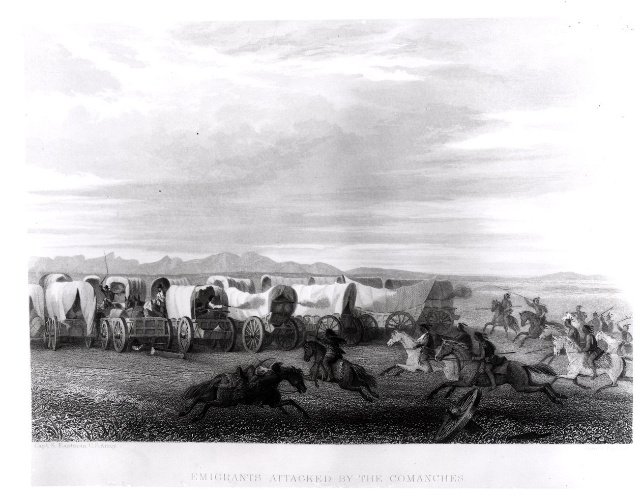 Emigranter angrebet af Comancherne, indgraveret af John Smith af Captain Seth Eastman