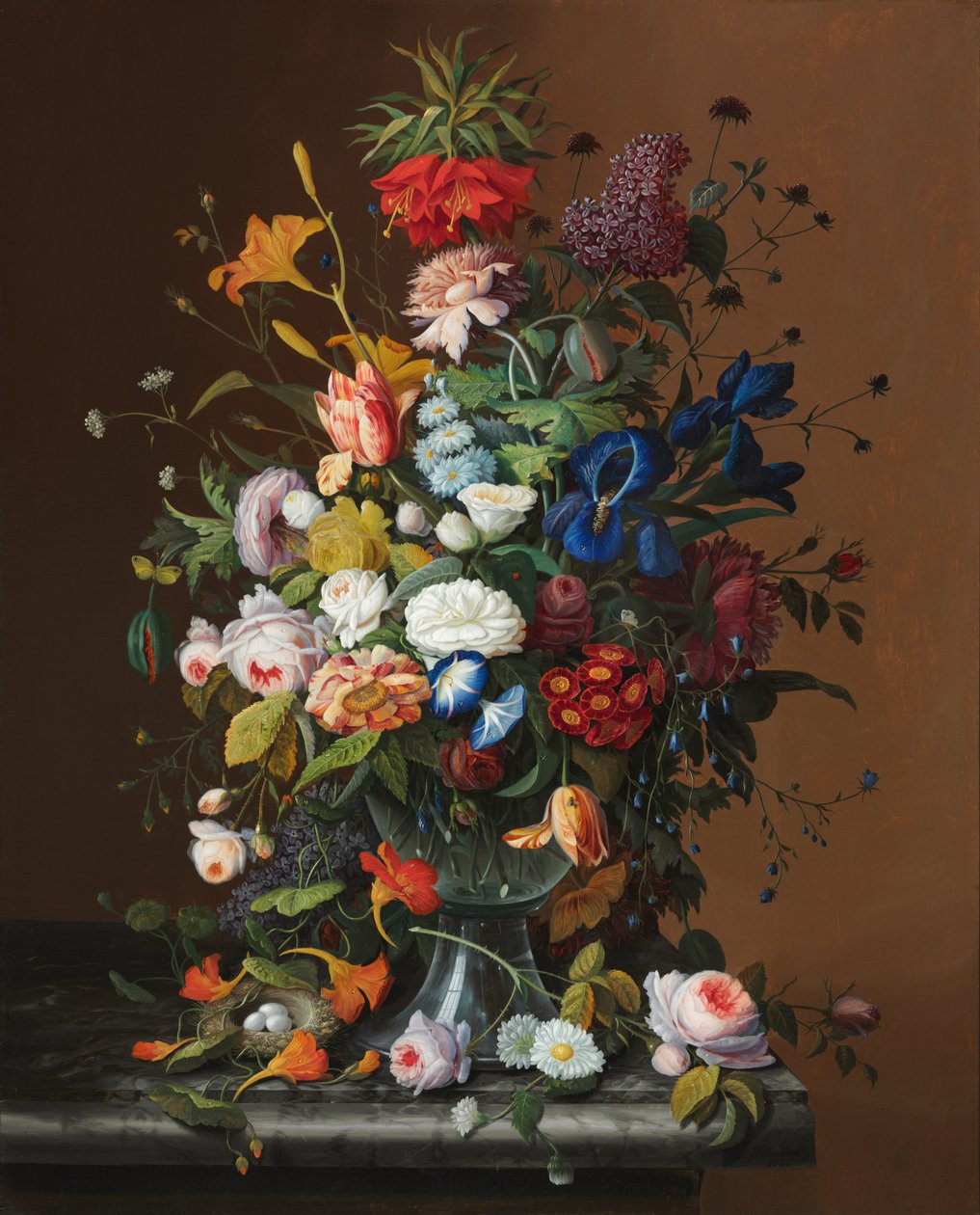 Blomsterstille med fuglerede af Severin Roesen