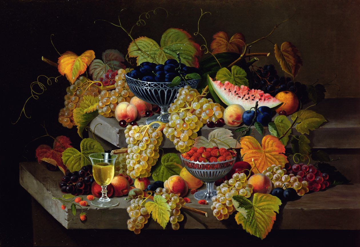 Stilleben med melon, blommer, druer, ferskner, kirsebær, jordbær osv. på stenlister af Severin Roesen