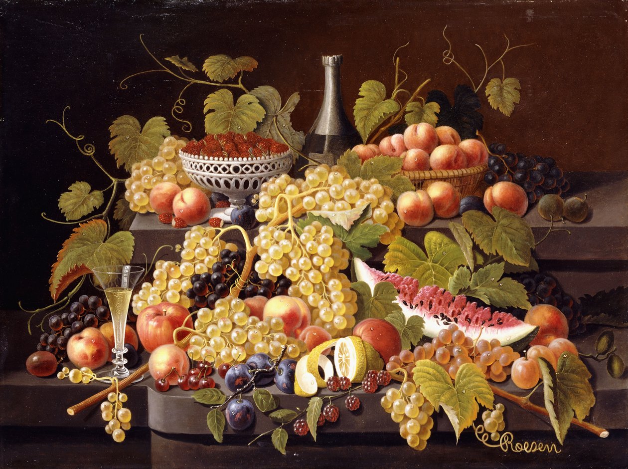 Stilleben med frugt og champagne, af Severin Roesen