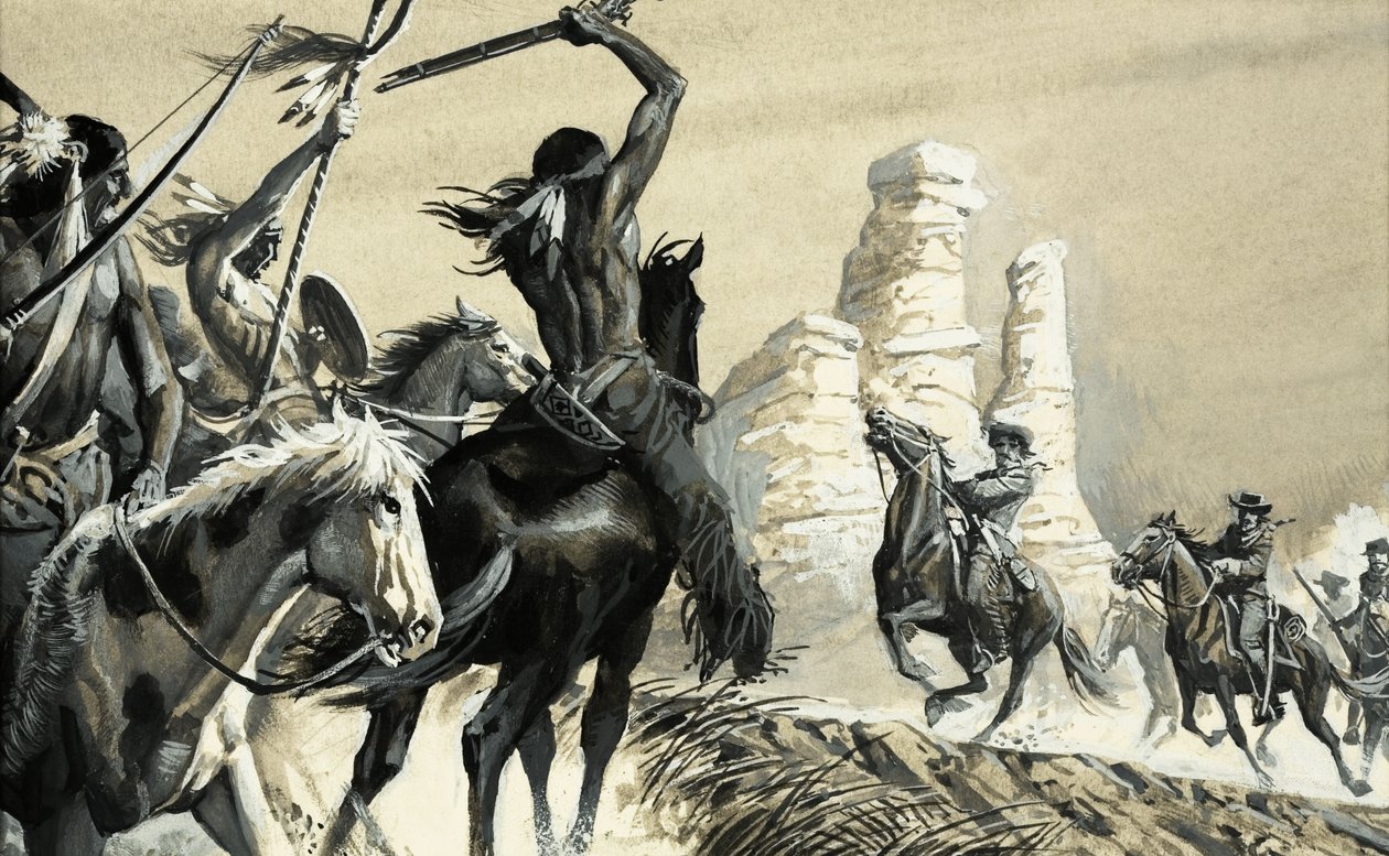 Et overraskende møde mellem to spejdergrupper, den ene indianer og den anden amerikansk kavaleri. af Severino Baraldi