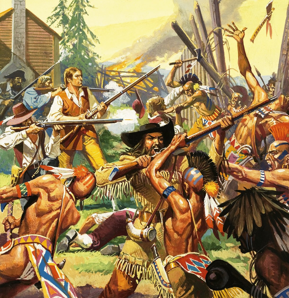 Daniel Boone forsvarer en gård i Kentucky mod angribende indianere af Severino Baraldi