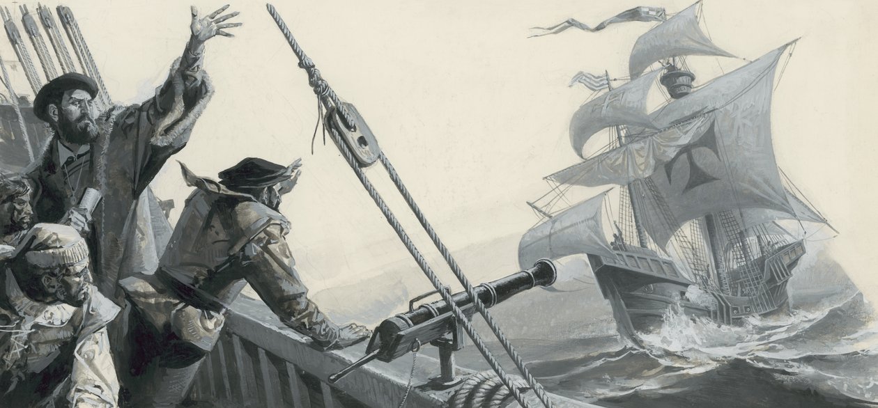 Ferdinand Magellan (1480-1521) om at opdage Stillehavet (gouache på papir) af Severino Baraldi