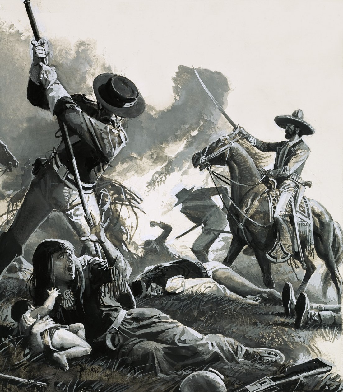 I 1858 angreb to tropper af mexicansk kavaleri apachernes lejr. af Severino Baraldi
