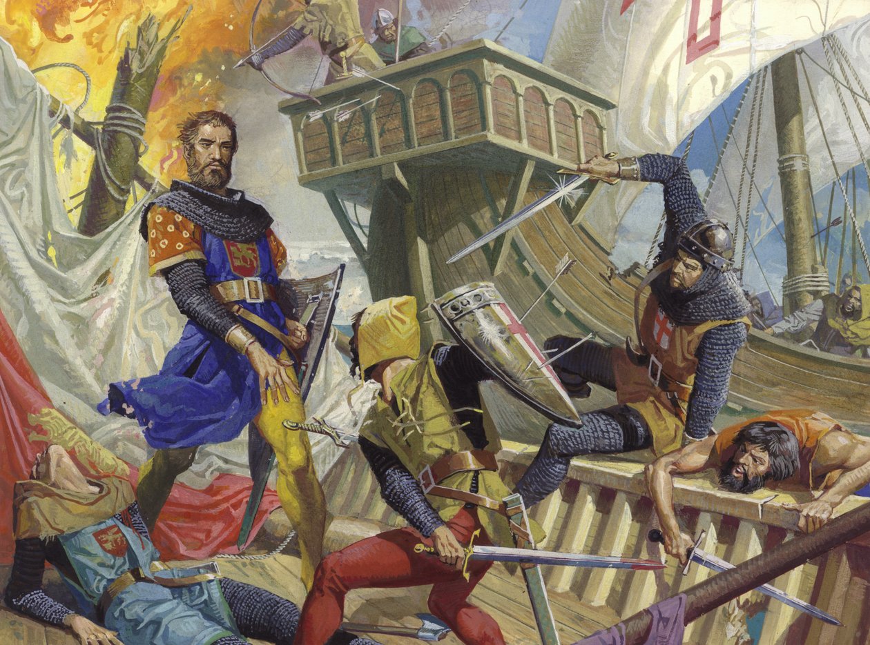 Marco Polo fanget af genuanerne, 20. århundrede (gouache på papir) af Severino Baraldi