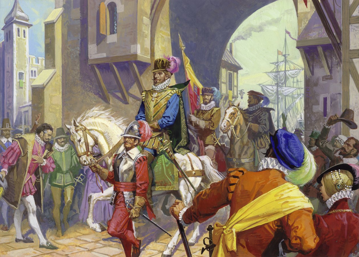 Sir Francis Drake ankommer til Plymouth (gouache på papir) af Severino Baraldi