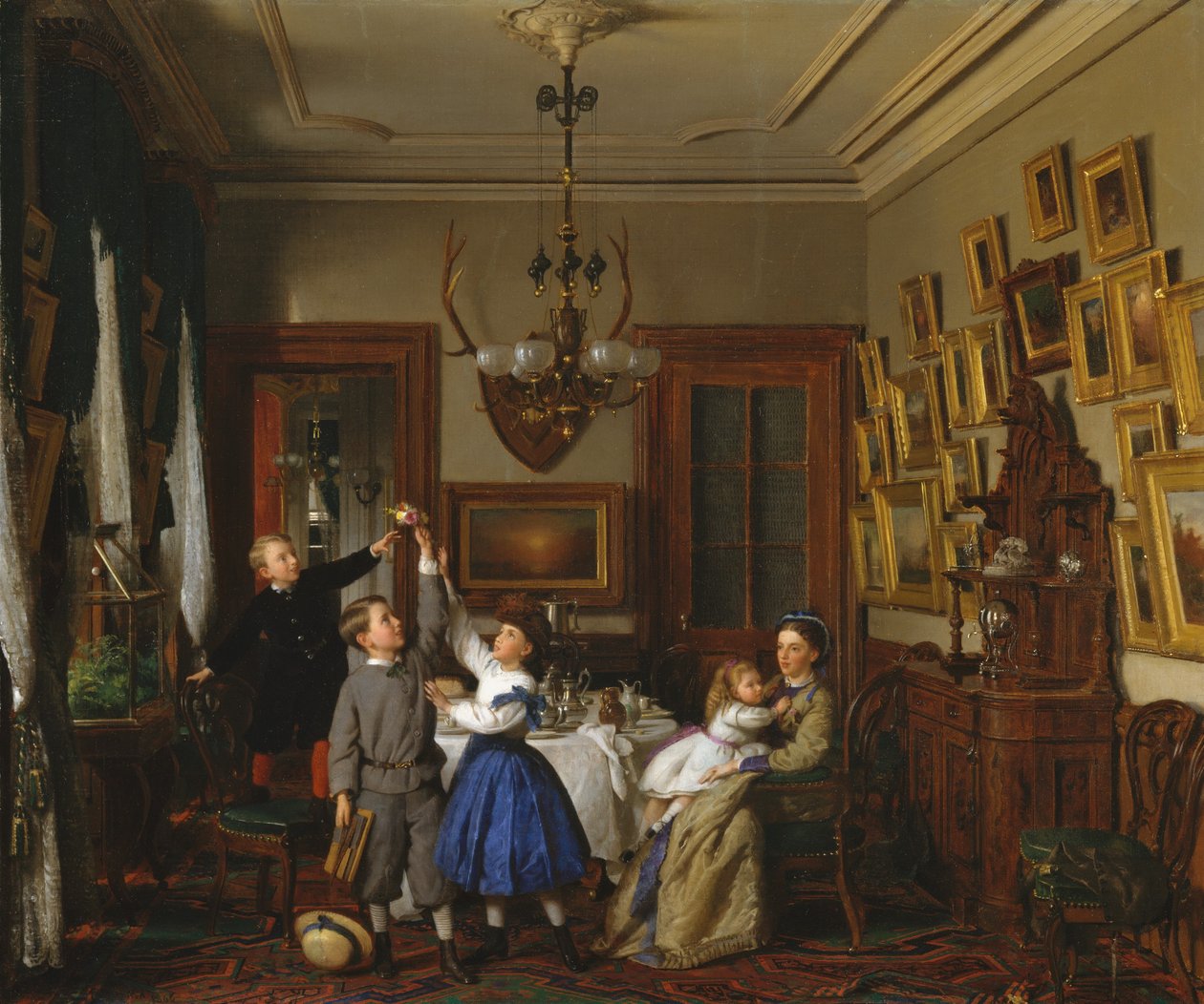Konkurrencen om buketten: Robert Gordons familie i deres spisestue i New York, 1866. af Seymour Joseph Guy
