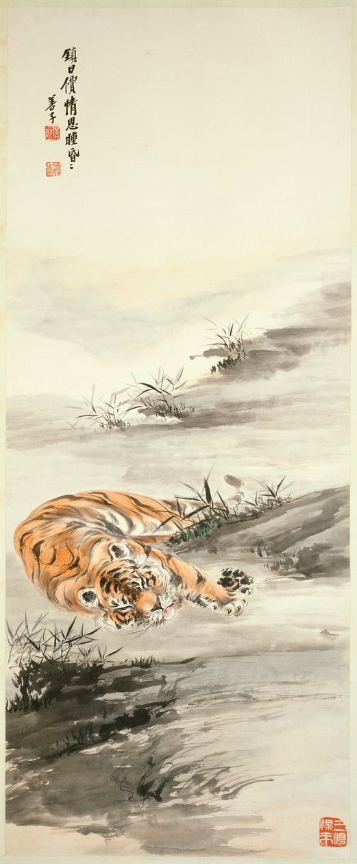 Tiger (hængende rulle, blæk og farve på papir) af Shanzi Zhang