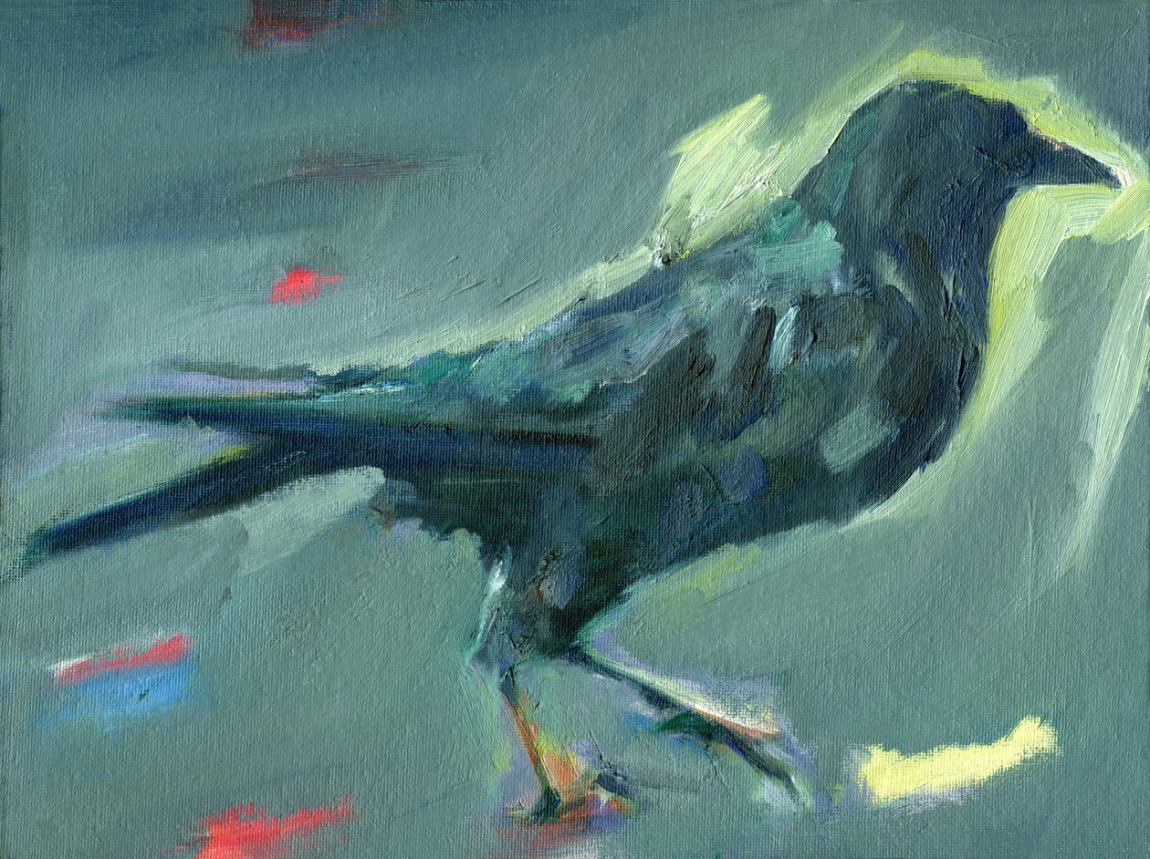 Walking Crow, 2024 (olie på lærredsplade) af Shaun Carey