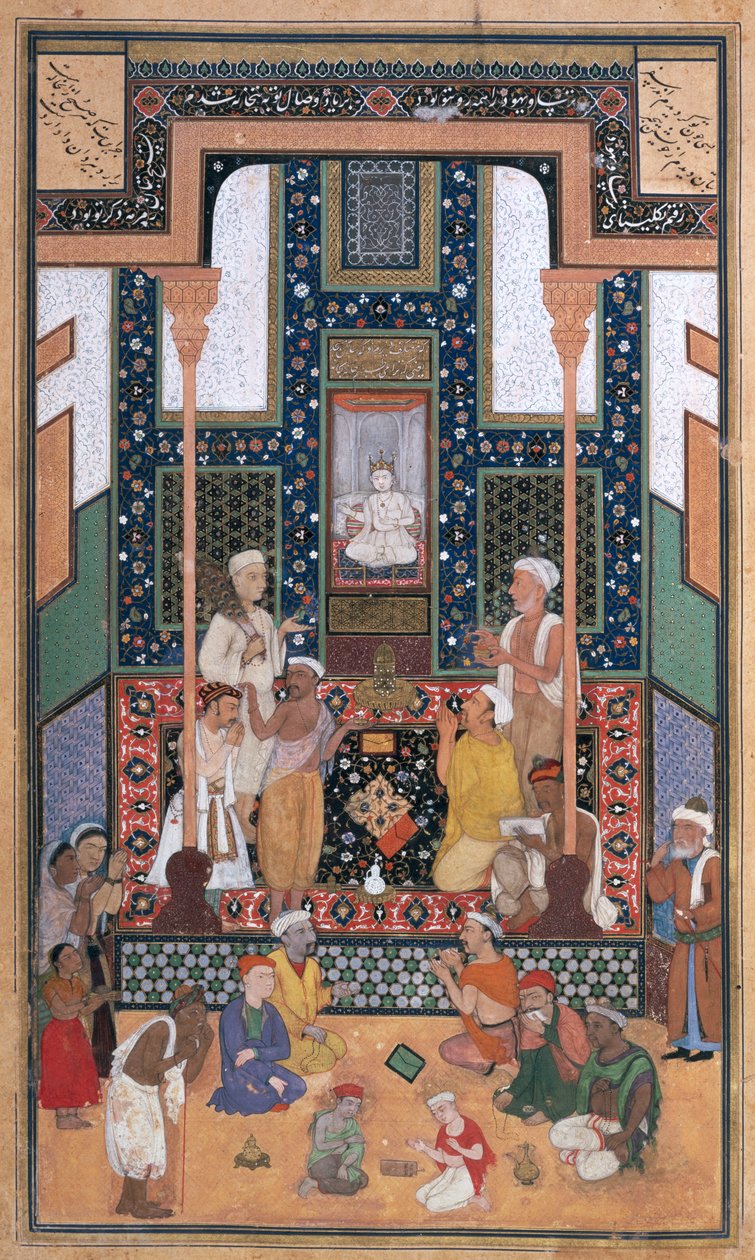 Sadi besøg i et indisk tempel, miniature fra en Bustan (Orchard) af Sadi, Bukhara, det vestlige Usbekistan, ca. 1531-32 (blæk, uigennemsigtigt wc og guld på papir) af Shaykh Zada