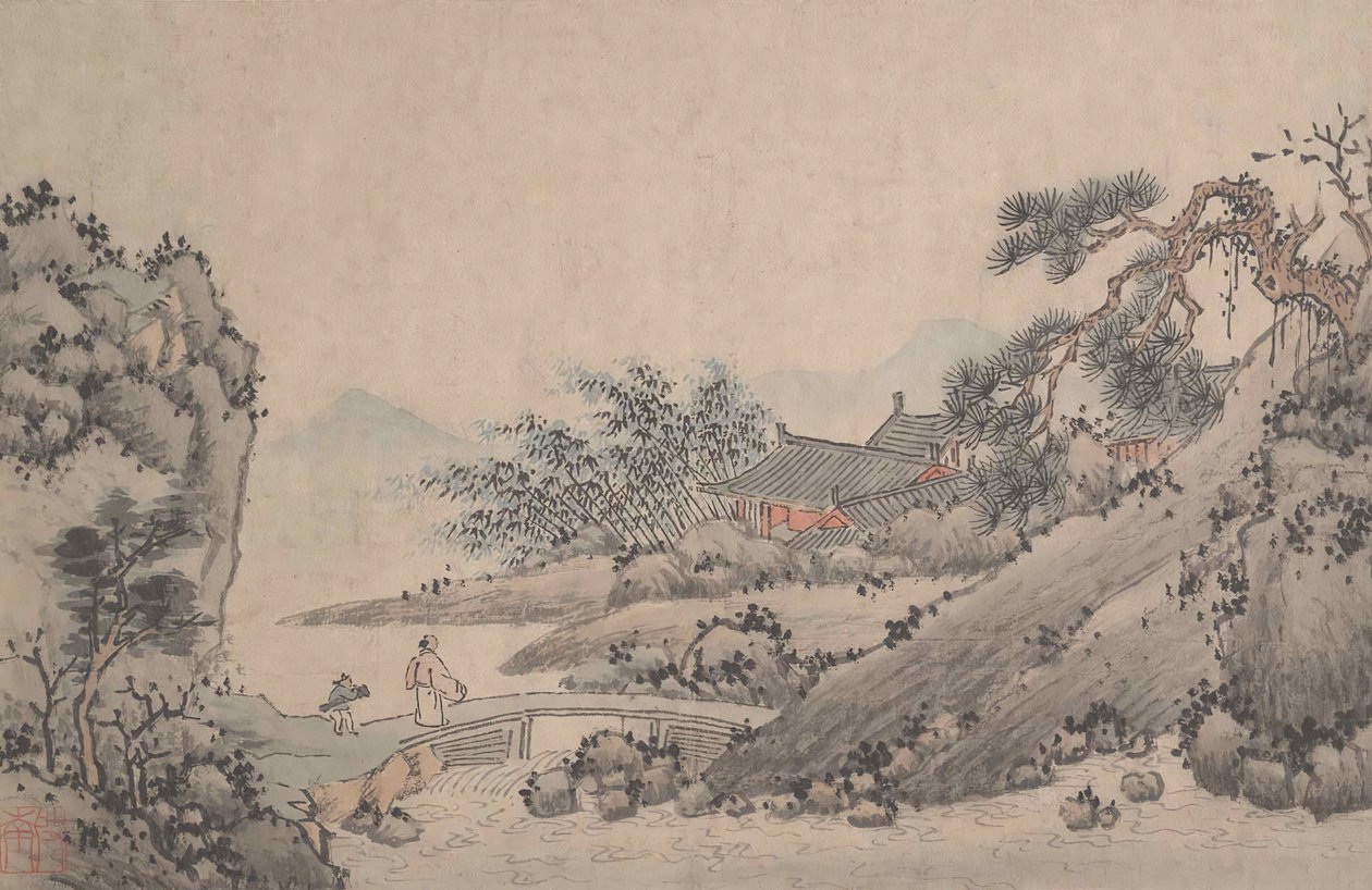 Landskab med mand, der krydser broen. af Shen Zhou