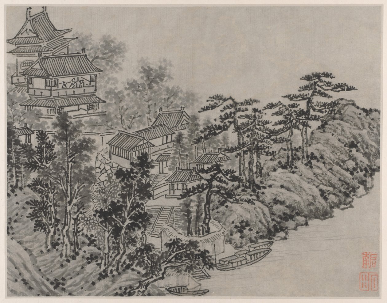 Tolv udsigter over Tiger Hill, Suzhou: Skyklatrepavillon af Shen Zhou
