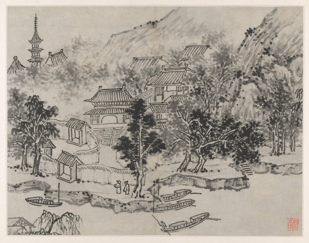 Tolv udsigter over Tiger Hill, Suzhou: Fjernsyn over Tiger Hill fra Canal Mooring af Shen Zhou