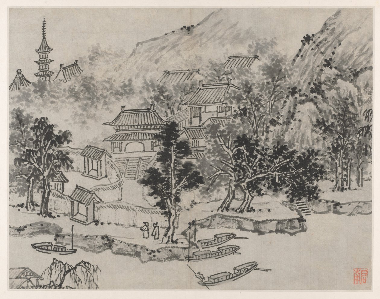Tolv udsigter over Tiger Hill, Suzhou: Fjernsyn over Tiger Hill fra Canal Mooring, efter 1490. af Shen Zhou