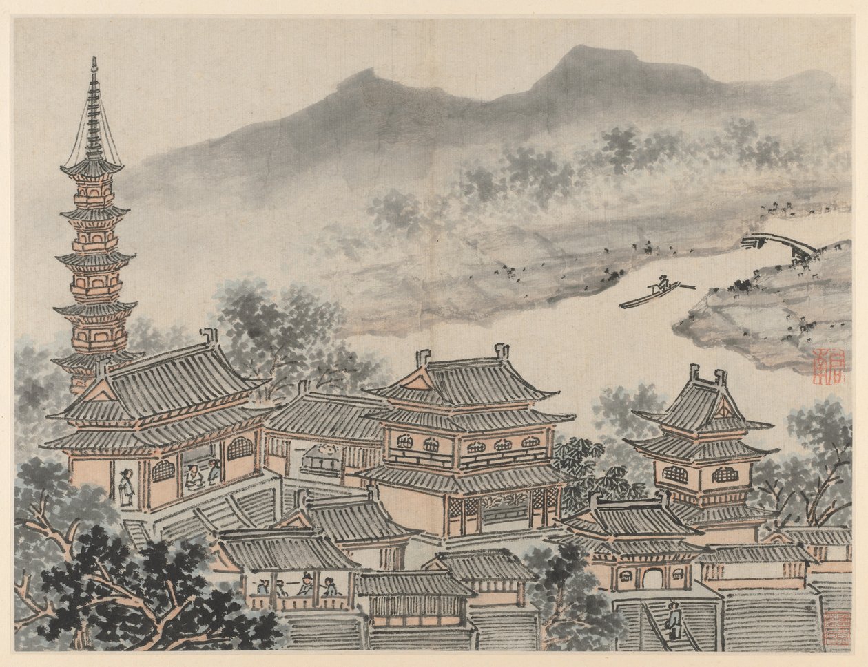 Tolv udsigter over Tiger Hill, Suzhou: Thousand Buddha Hall og Pagoda of the "Cloudy Cliff" kloster af Shen Zhou