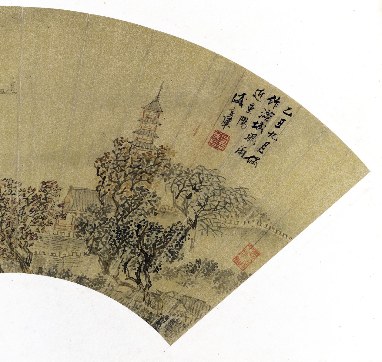Detalje af landskab med pagode, huse og både, 1625 (blæk og farver på guldpapir) af Sheng Maoye
