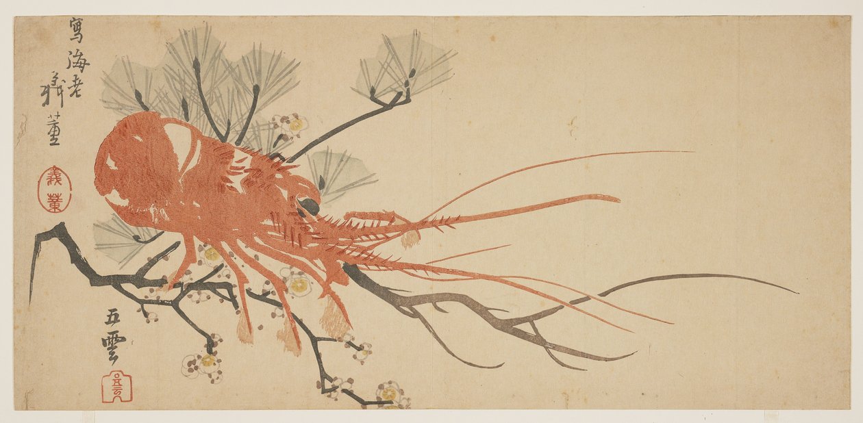 Hummer, blomme og fyrretræsgren, ca. 1818 (farvetryk i træsnit) af Shibata Git