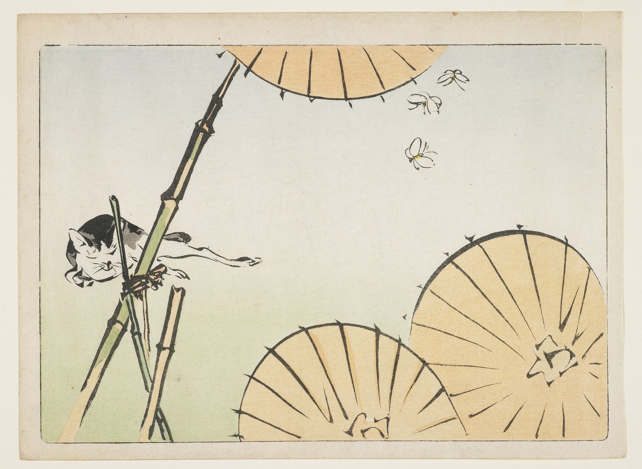 (Bambus, paraplyer, en kat og sommerfugle), ca. 1877 af Shibata Zeshin