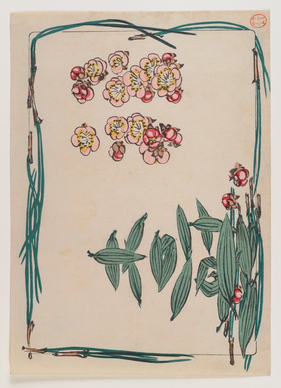 Kirsebærblomster med fyrrenålskant fra serien Hana Kurabe, ca. 1880 (træblok farvetryk) af Shibata Zeshin