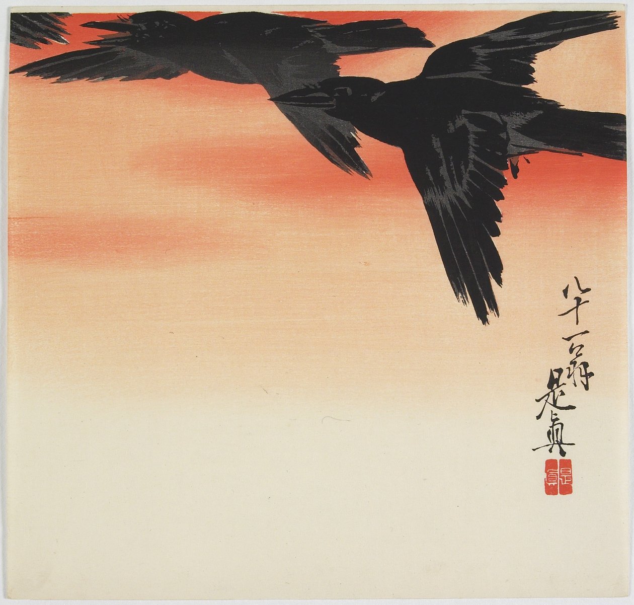Krager flyvende ved solnedgang, ca. 1888 af Shibata Zeshin