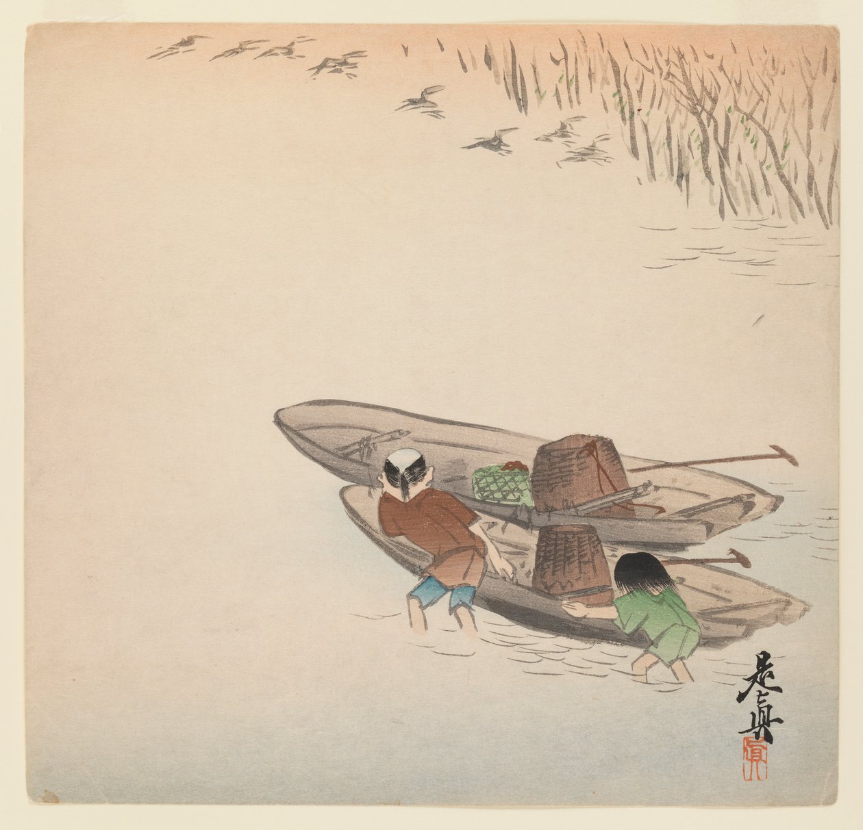 Fisker med dreng og både fra serien Hana Kurabe, ca. 1880 (træblok farvetryk) af Shibata Zeshin
