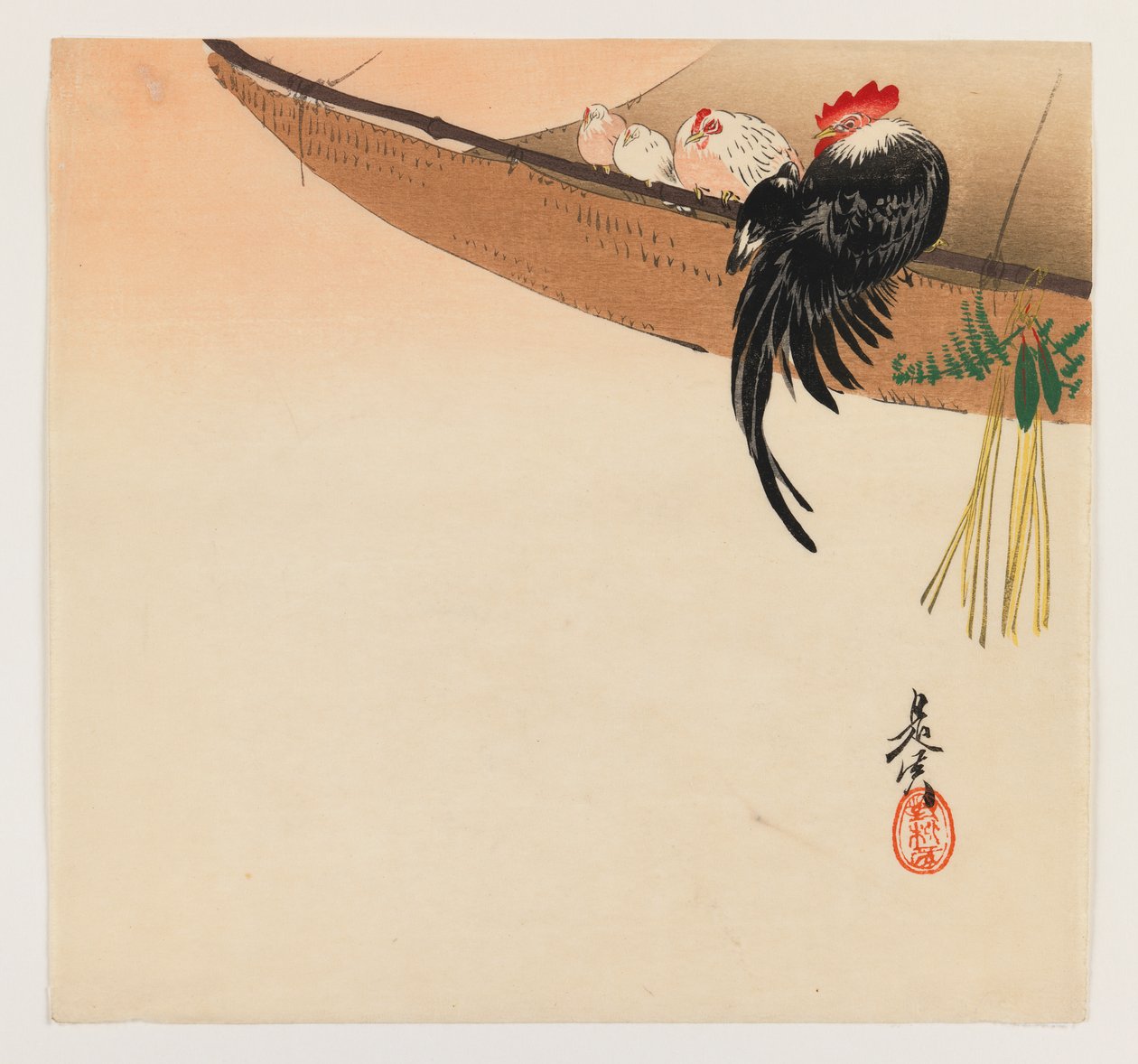 Høns og hane med hængekøje fra serien Hana Kurabe, ca. 1880 (træblok farvetryk) af Shibata Zeshin