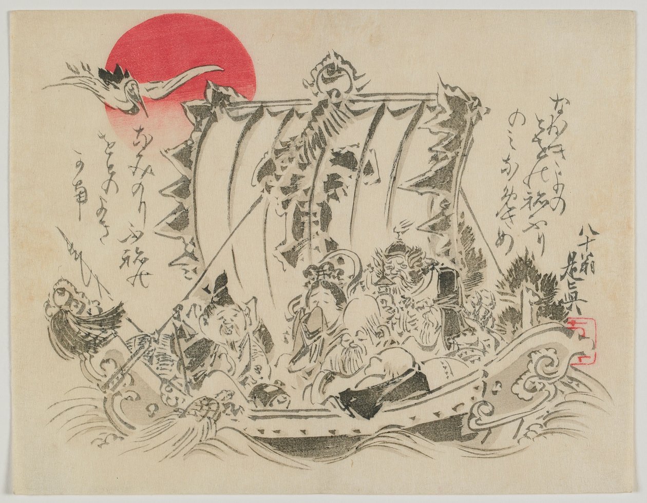 Seven Gods of Fortune in a Treasure Ship, Meiji-æra, slutningen af det 19. århundrede (træbloktryk i farver) af Shibata Zeshin