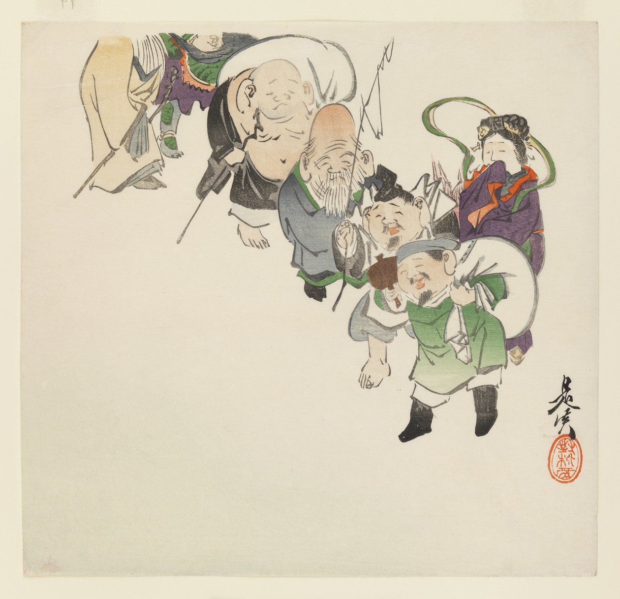 Syv lykkeguder, ca. 1885 (træblok farvetryk) af Shibata Zeshin
