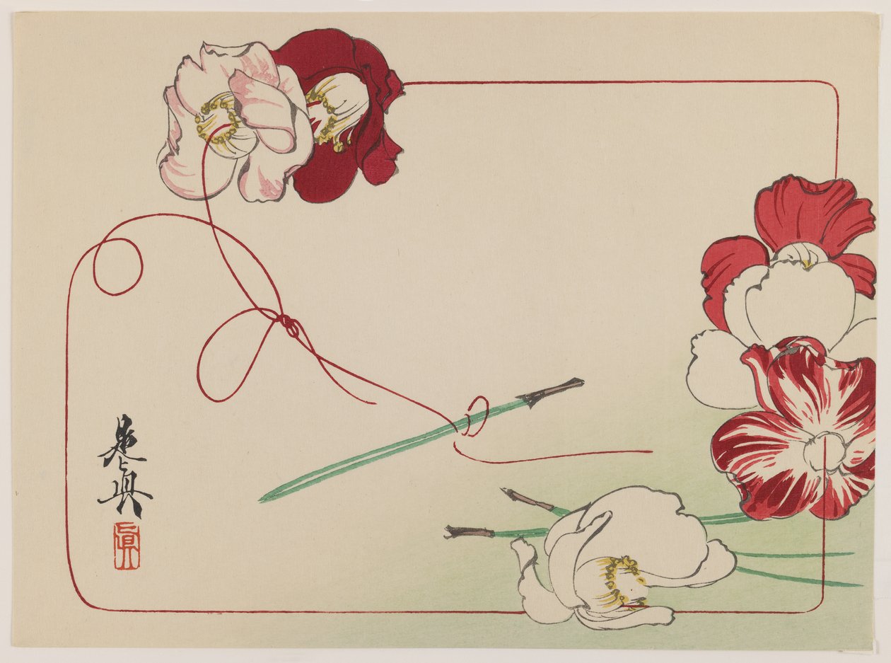 Stringing Poppies, fra serien Comparison of Flowers, ca. 1875-90 (farvet træbloktryk på papir) af Shibata Zeshin