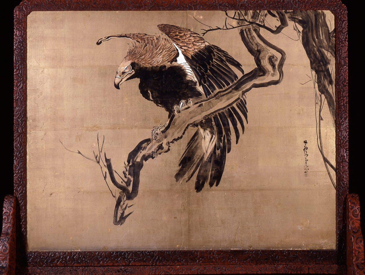 Karpe i bølger (Zeshin) og ørn på en gren (Rosetsu, bagside) af Shibata Zeshin