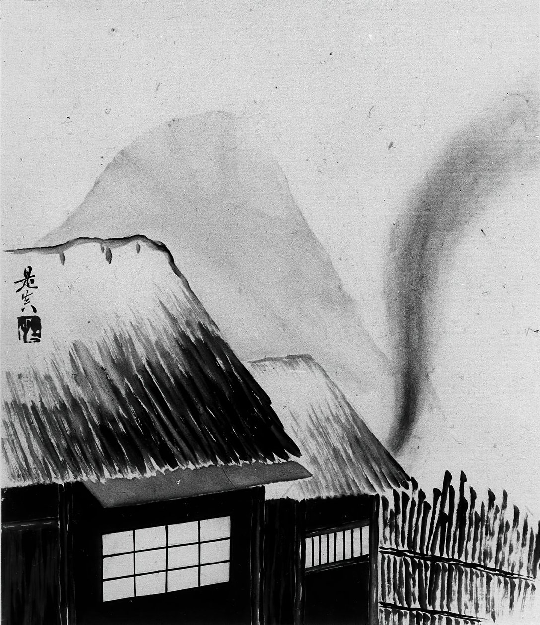 Hytte og bjerge, 1800-tallet. af Shibata Zeshin